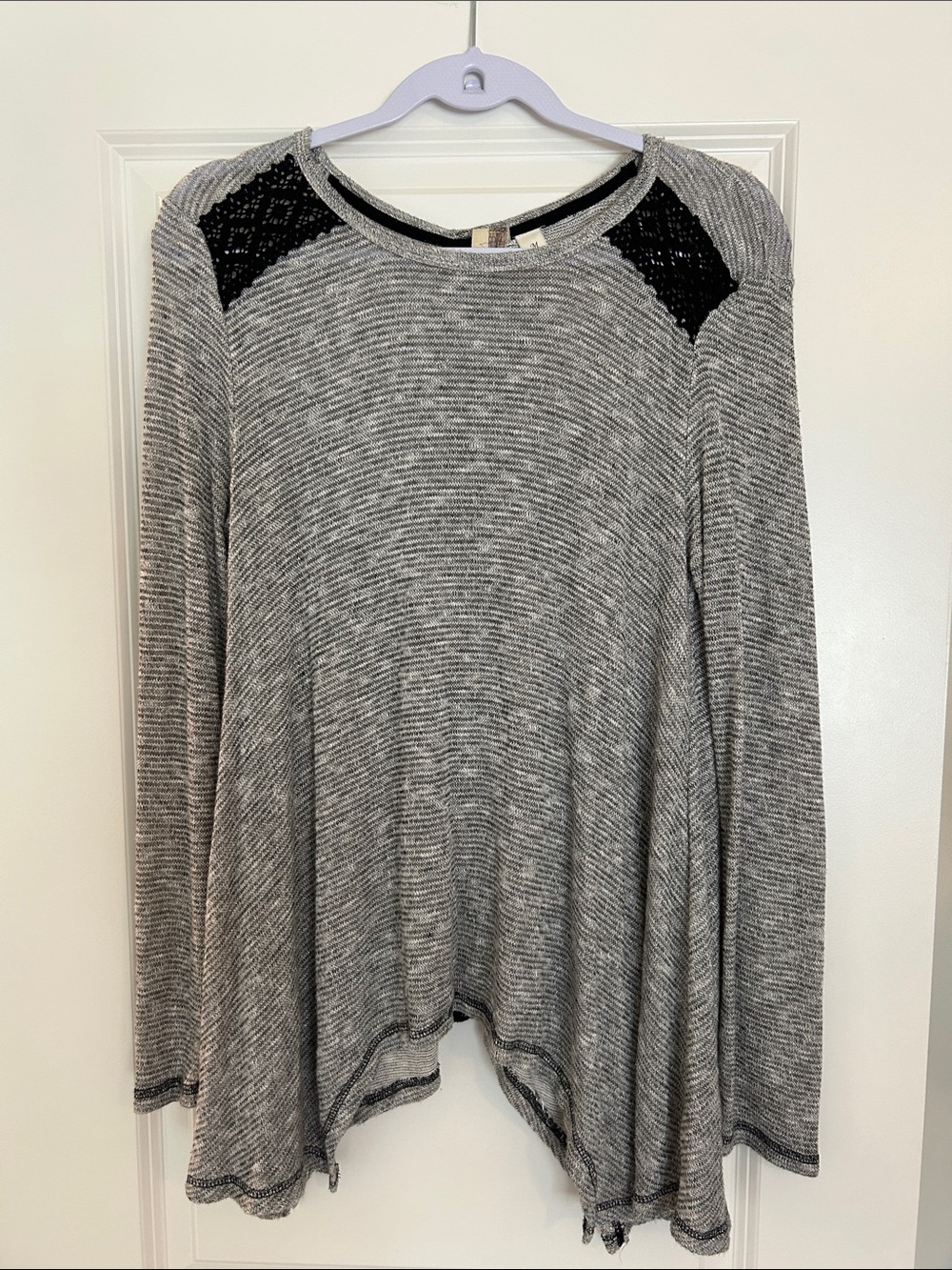 Birdy Grey Gray Knit Long Sleeve Top with Black Crochet Shoulders